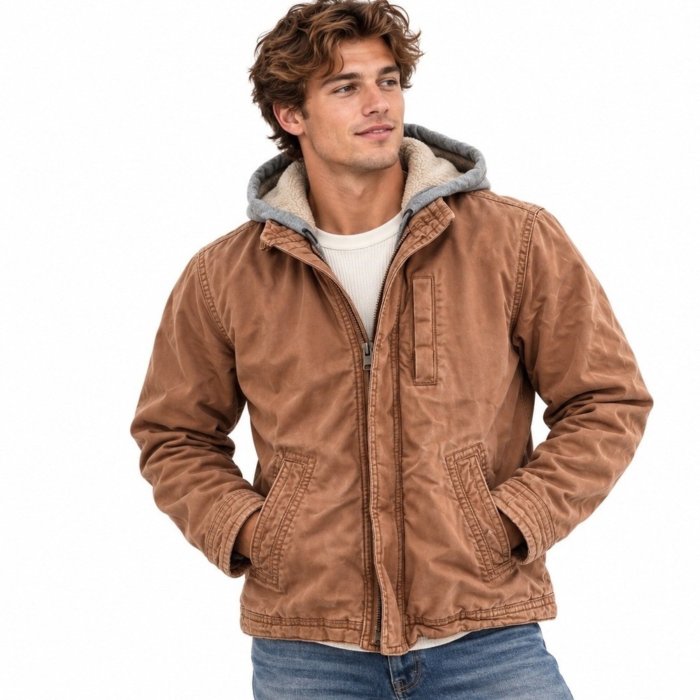 American Eagle Men XL Canvas Workwear Jacket Hooded Sherpa Barn Coat Y2K Utility